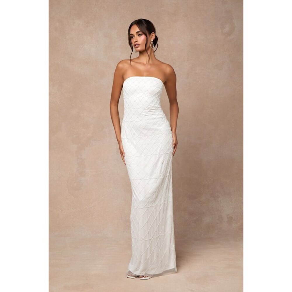 Lulus Miko White Beaded Strapless Column Maxi Dress - Size S